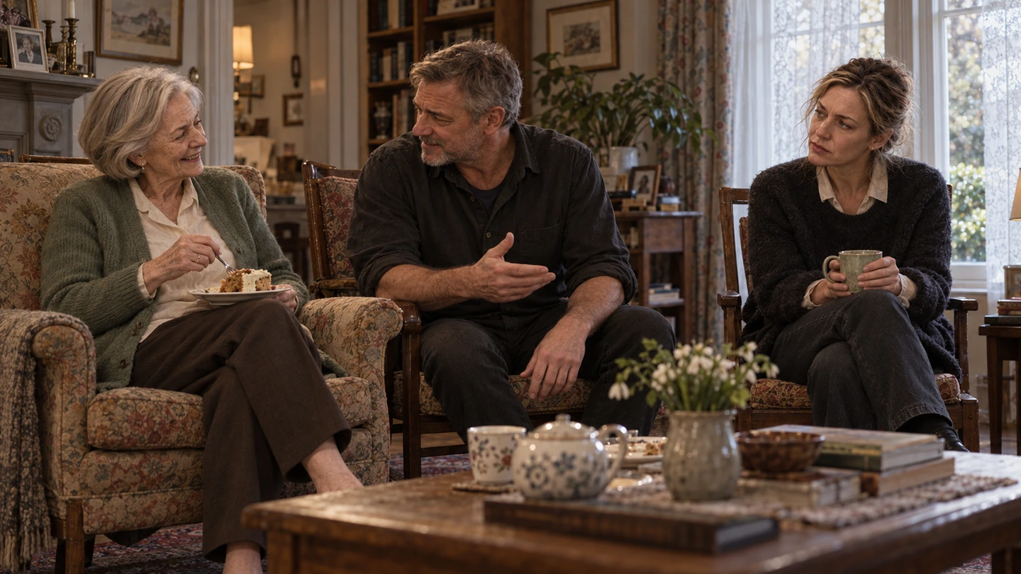 Maeve laughs with Alec while Emer holds a cup of tea.