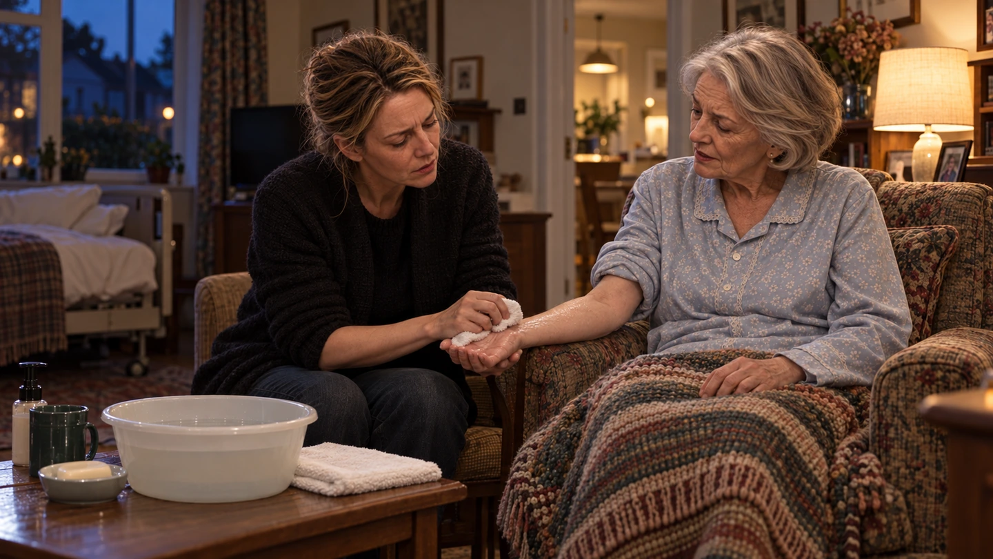 Emer washes Maeve’s hand.