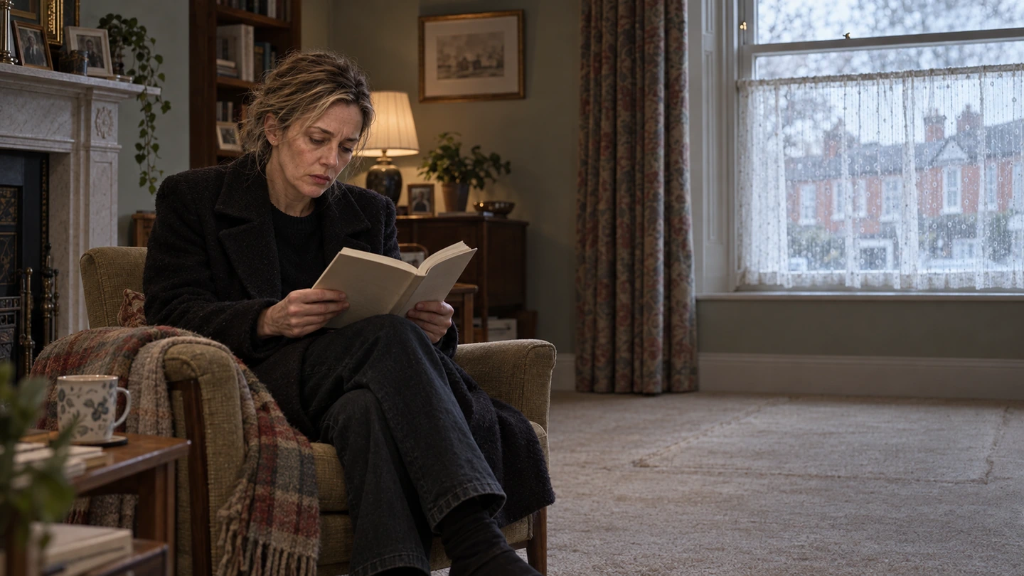 Emer reads beside a winter window, still wearing her coat.