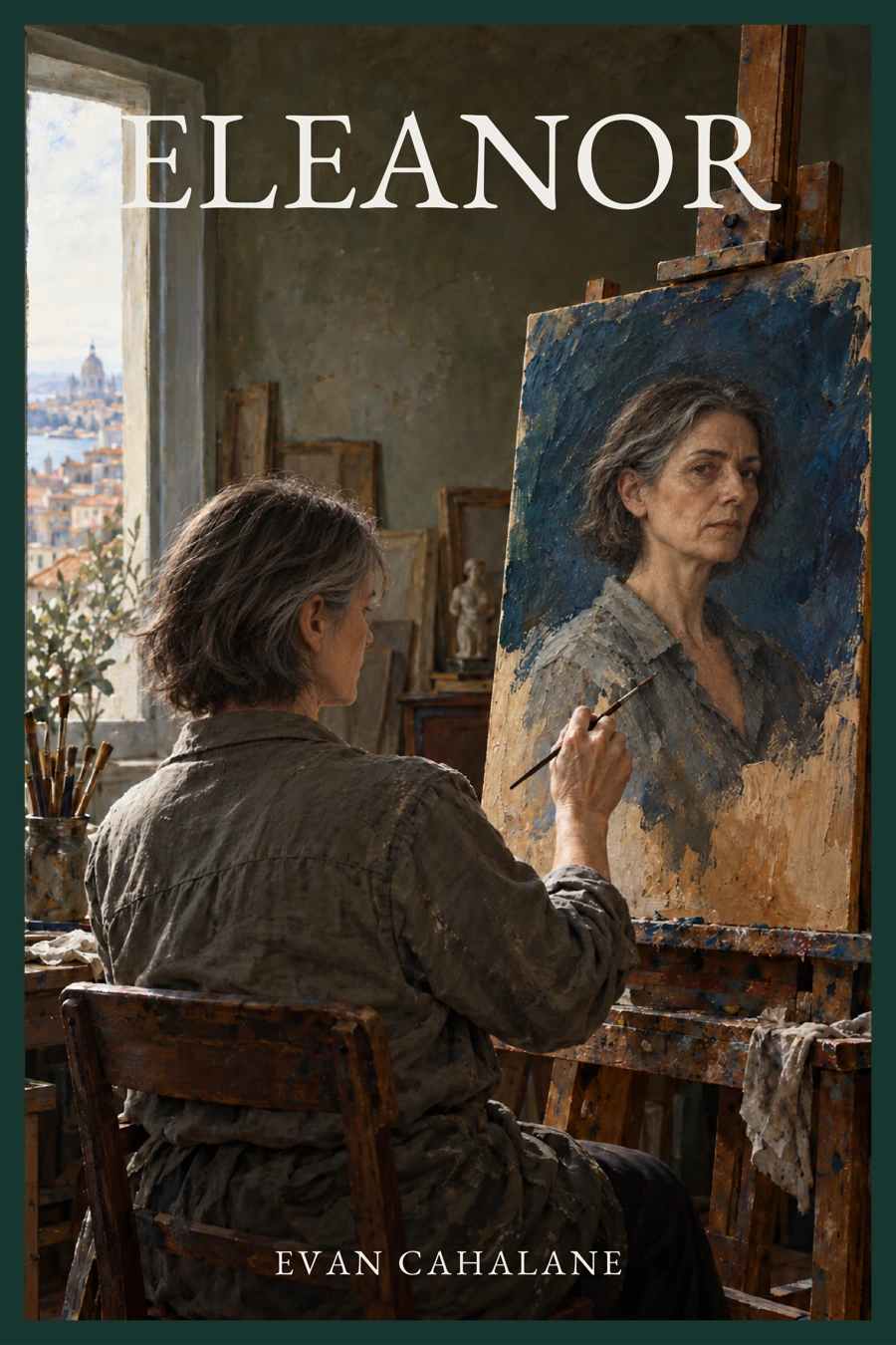 Cover of Eleanor by Evan Cahalane: a painter studies her self-portrait in a Lisbon studio.