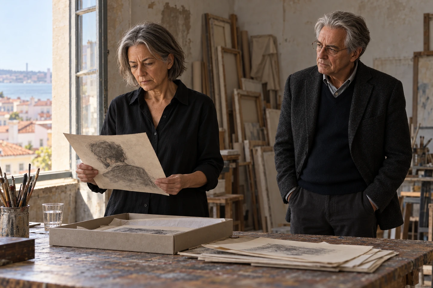 Eleanor studies a drawing with Michael in her Lisbon studio.