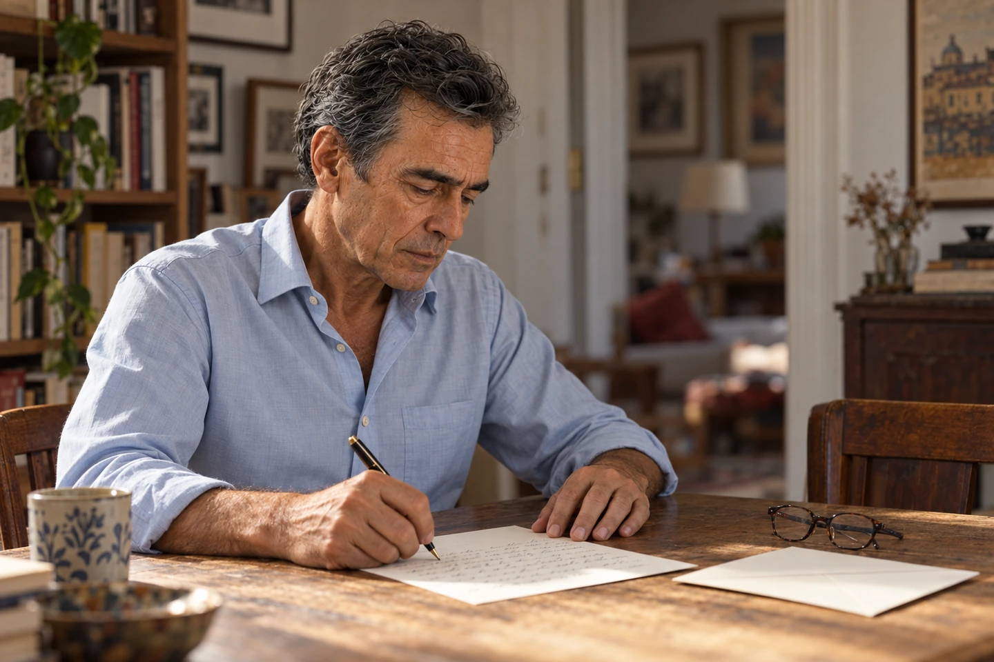 Daniel writes a letter to Thomas at his desk in Madrid.