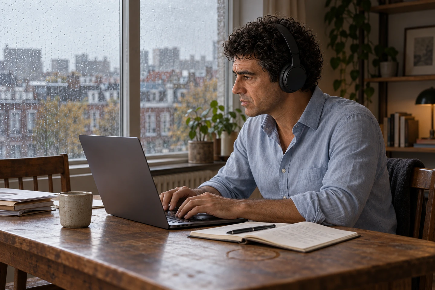 Thomas at his laptop beside a rainy window in Rotterdam.