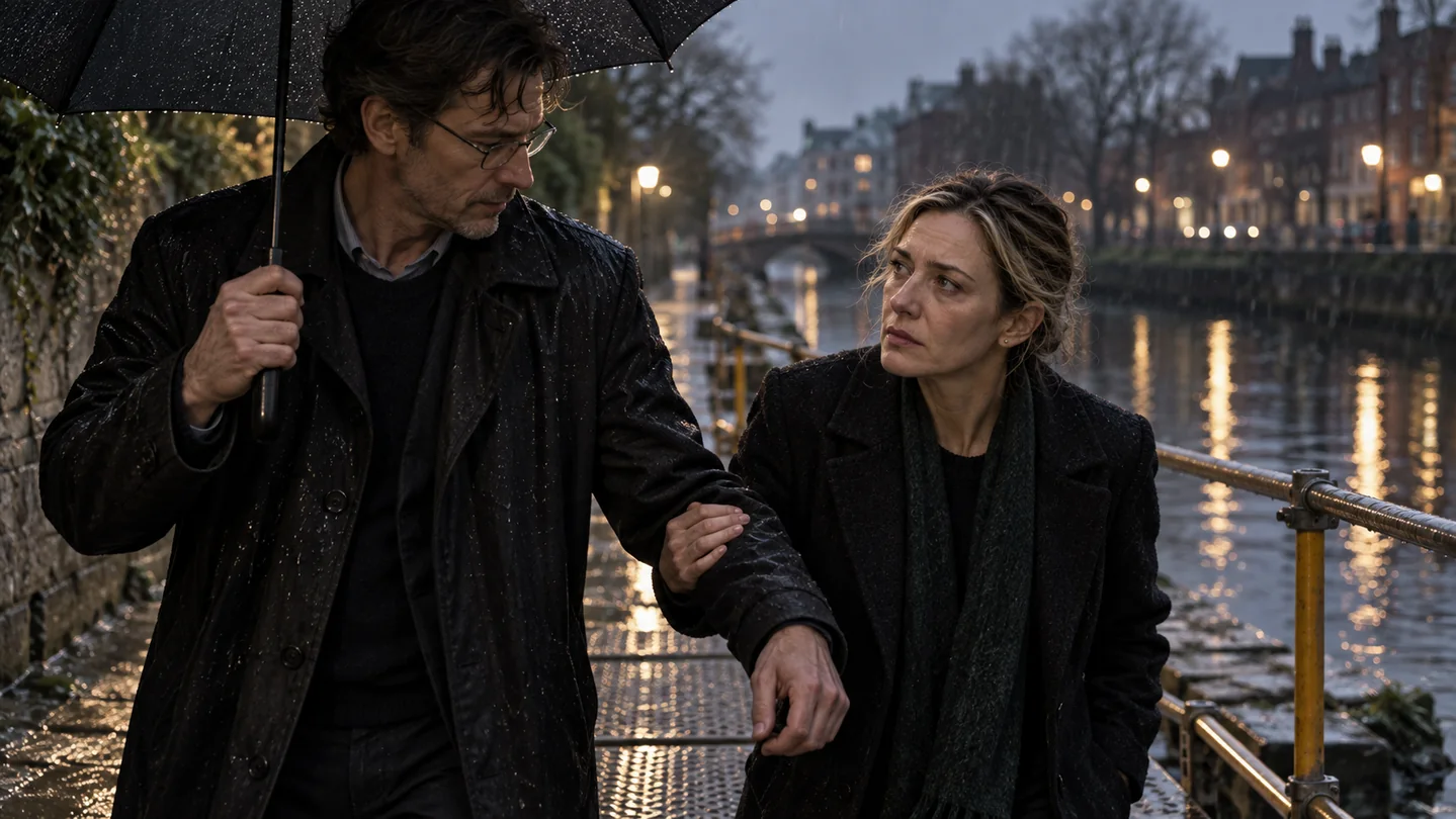 Marcus and Emer beside the canal in the rain