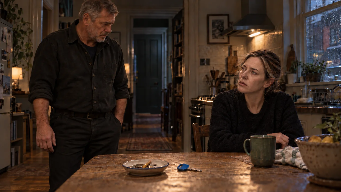 Alec and Emer at their kitchen table, a blue key between them