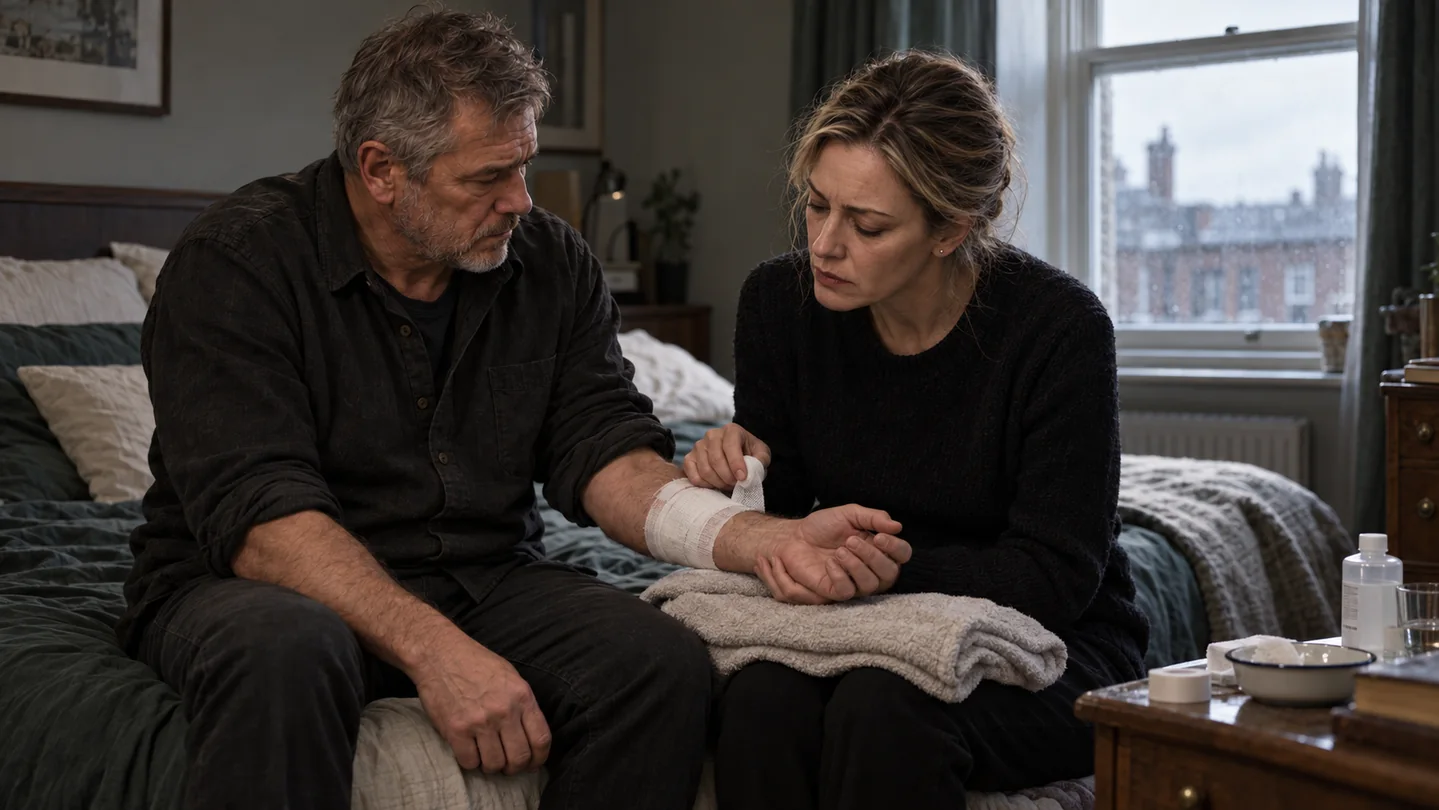 Emer tends to Alec’s bandaged arm