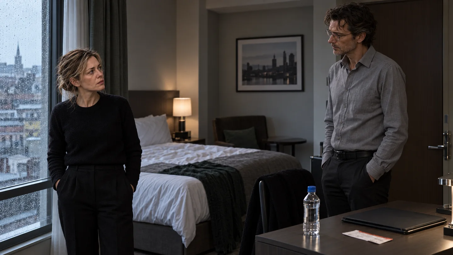 Emer and Marcus face each other in a Belfast hotel room