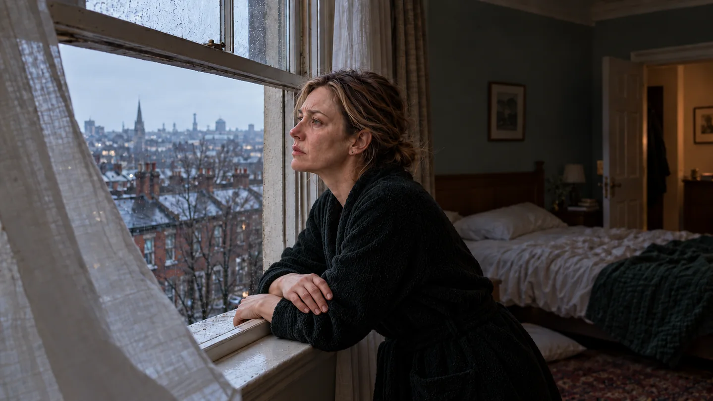 Emer looks out of an open window at dawn